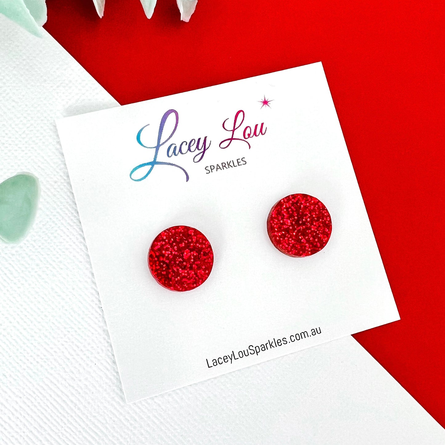 Small Round Acrylic Christmas Studs (15mm) - Red Fine Glitter