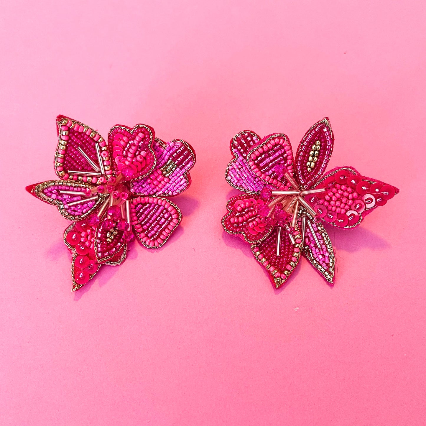 Large Fuchsia Beaded Flower Earrings