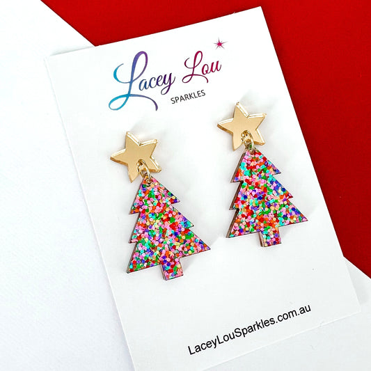 Medium Christmas Tree Dangle Earrings - Confetti Glitter