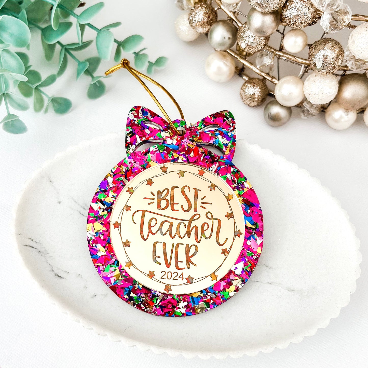 Pink Rainbow Personalised Teacher Christmas Bauble **PRE-ORDER**