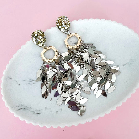 Silver Sequin Fever Statement Dangles