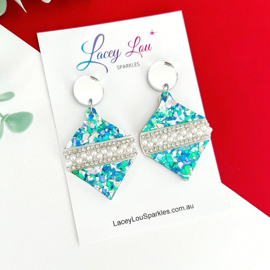 ‘Oh So Glamorous’ Statement Christmas Earrings - Ice Blue Glitter