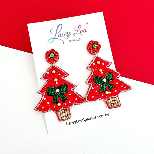 Large Beaded Red Tree Christmas Earrings