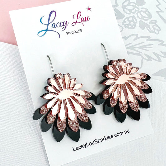 Large Flower Frill Statement Earrings - Black | Bronze | Rose Gold Acrylic Dangle