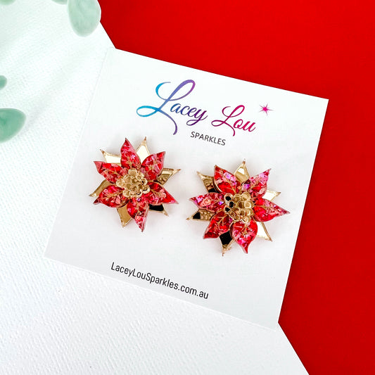 Small Poinsettia Christmas Stud Earrings - Rose/Gold