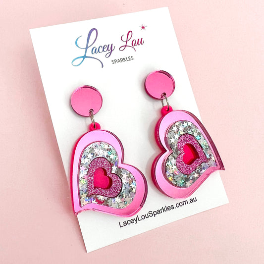 Large Pink Heart Dangles - Fuchsia Glitter Statement Acrylic Earrings