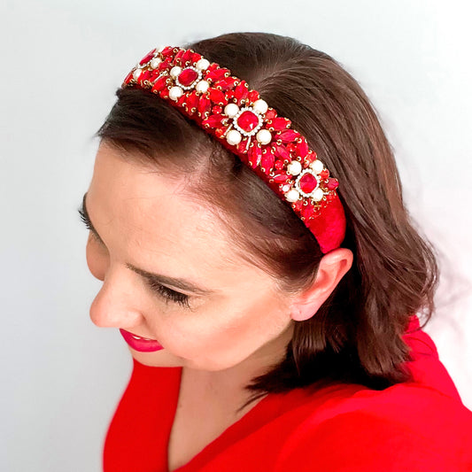 Red & Pearl Christmas Jeweled Statement Headband *Pre-order*