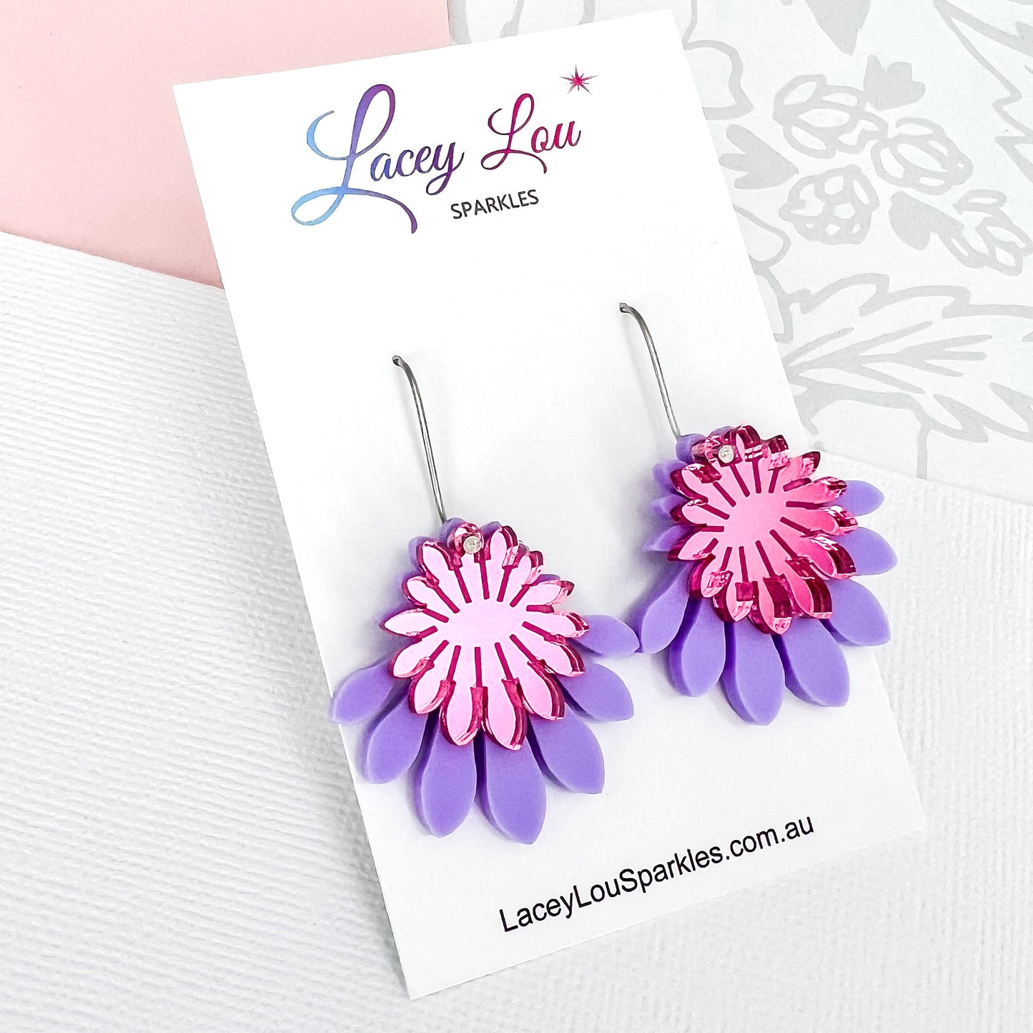 Medium Flower Frill Statement Dangle - Pastel pink and purple Acrylic Earrings