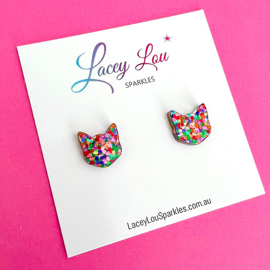 Cat Studs - Strawberry Confetti Glitter Acrylic Cat Earrings