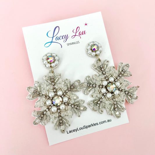 Large White Snowflake Beaded Christmas Earrings