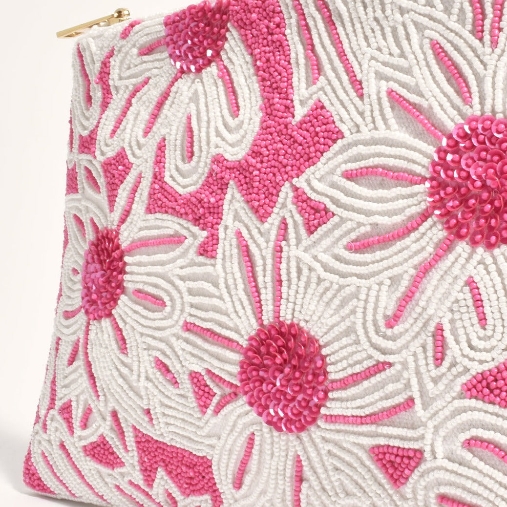 Pink and White Flower Beaded Flower Clutch Bag