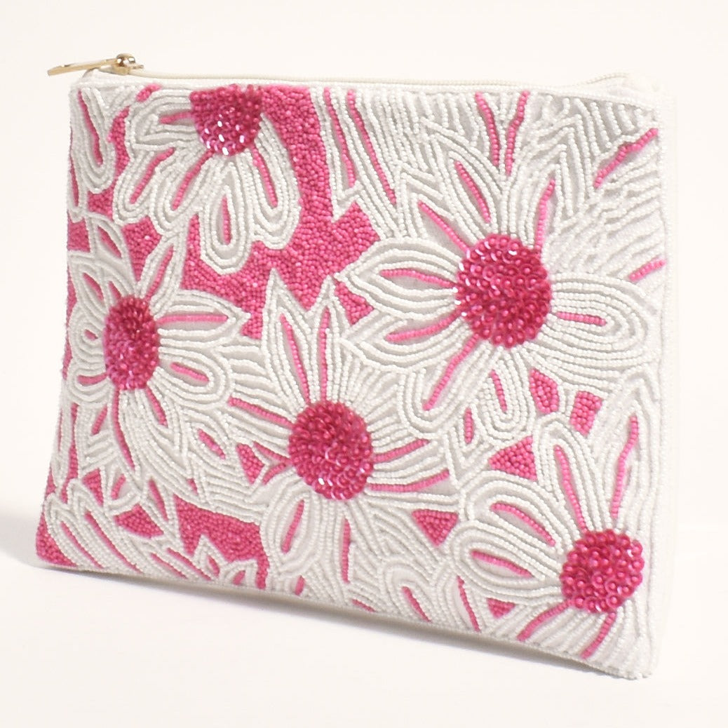 Pink and White Flower Beaded Flower Clutch Bag