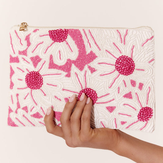 Pink and White Flower Beaded Flower Clutch Bag