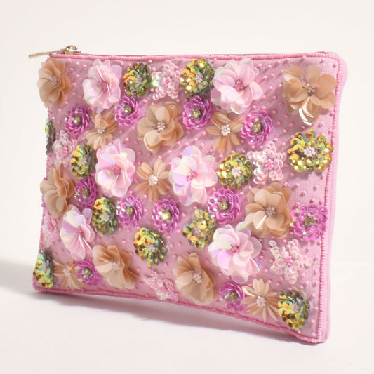 Luxe Pink Sequin Beaded Flower Clutch Bag