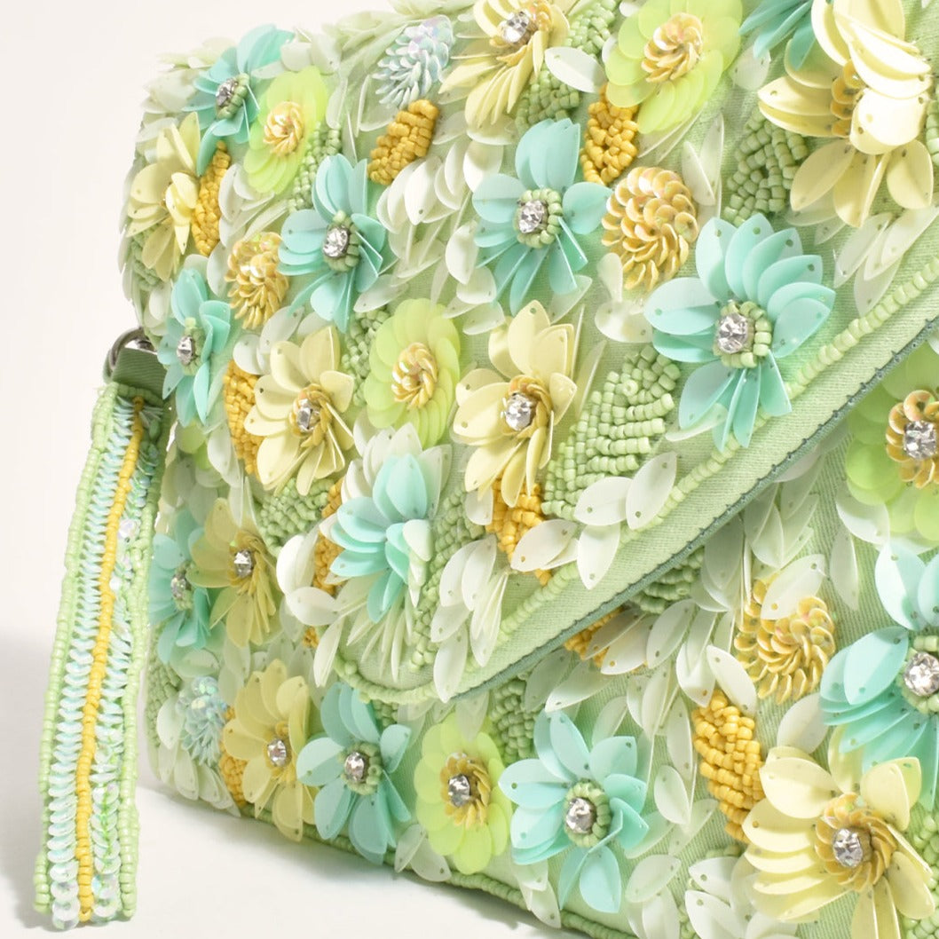Luxe Green Sequin Beaded Flower Clutch Bag