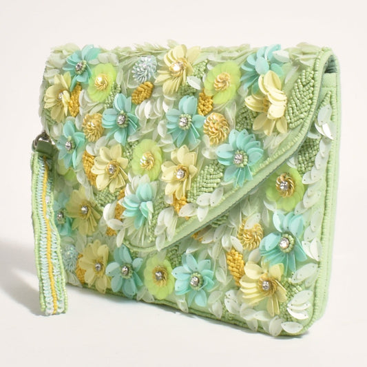Luxe Green Sequin Beaded Flower Clutch Bag