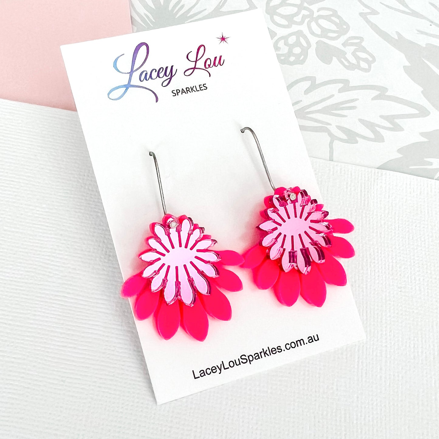 Medium Flower Frill Statement Dangle - Hot pink Acrylic Earrings