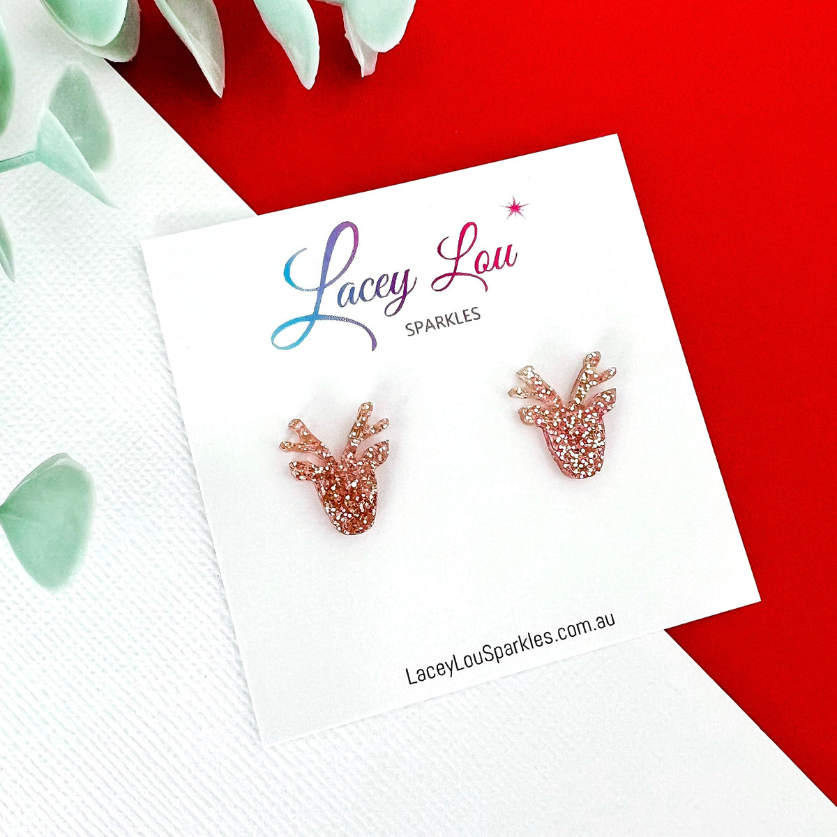 Christmas Reindeer Stud Earrings - Rose Gold Glitter