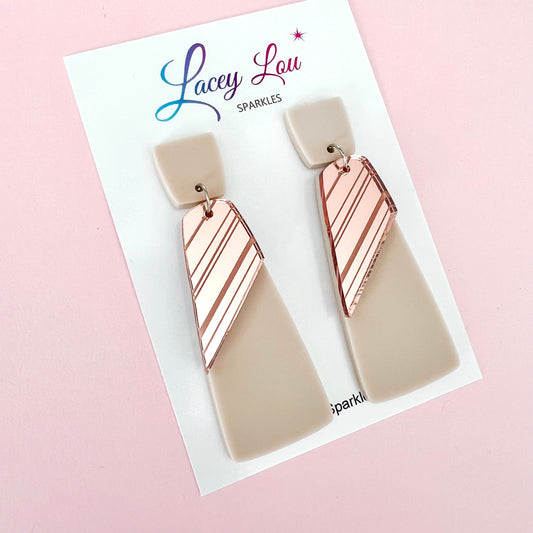 Long Beige and Rose Gold Acrylic Dangle Earring