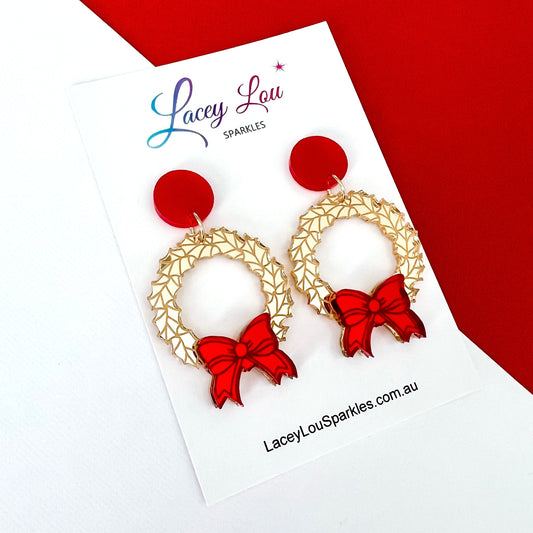 Christmas Wreath Earrings - Gold/Red