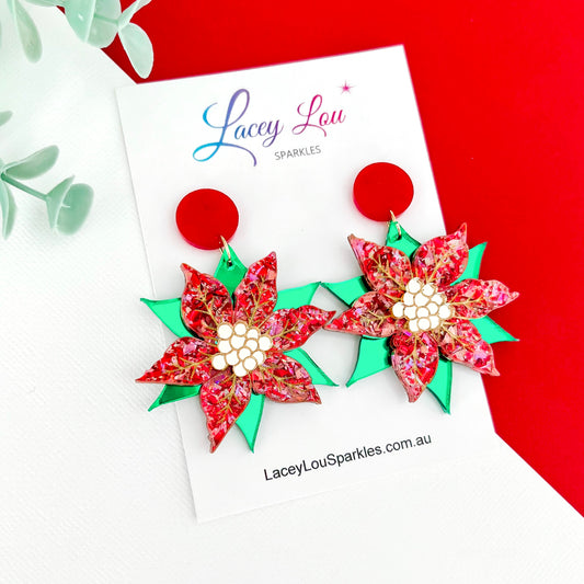 Statement Poinsettia Christmas Dangle Earrings - Rose/Green