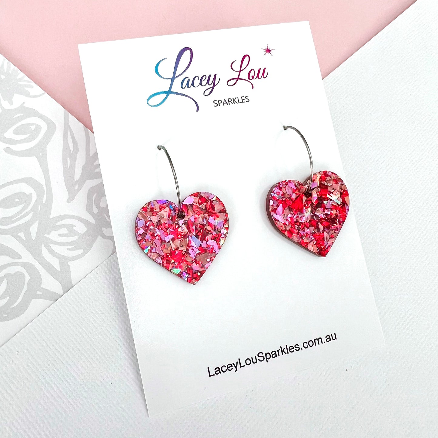 Love Heart Hoop Earrings - Rose Glitter