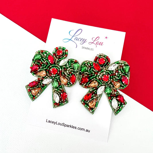 Large Green/Red Beaded Rhinestone Bow Christmas Earrings