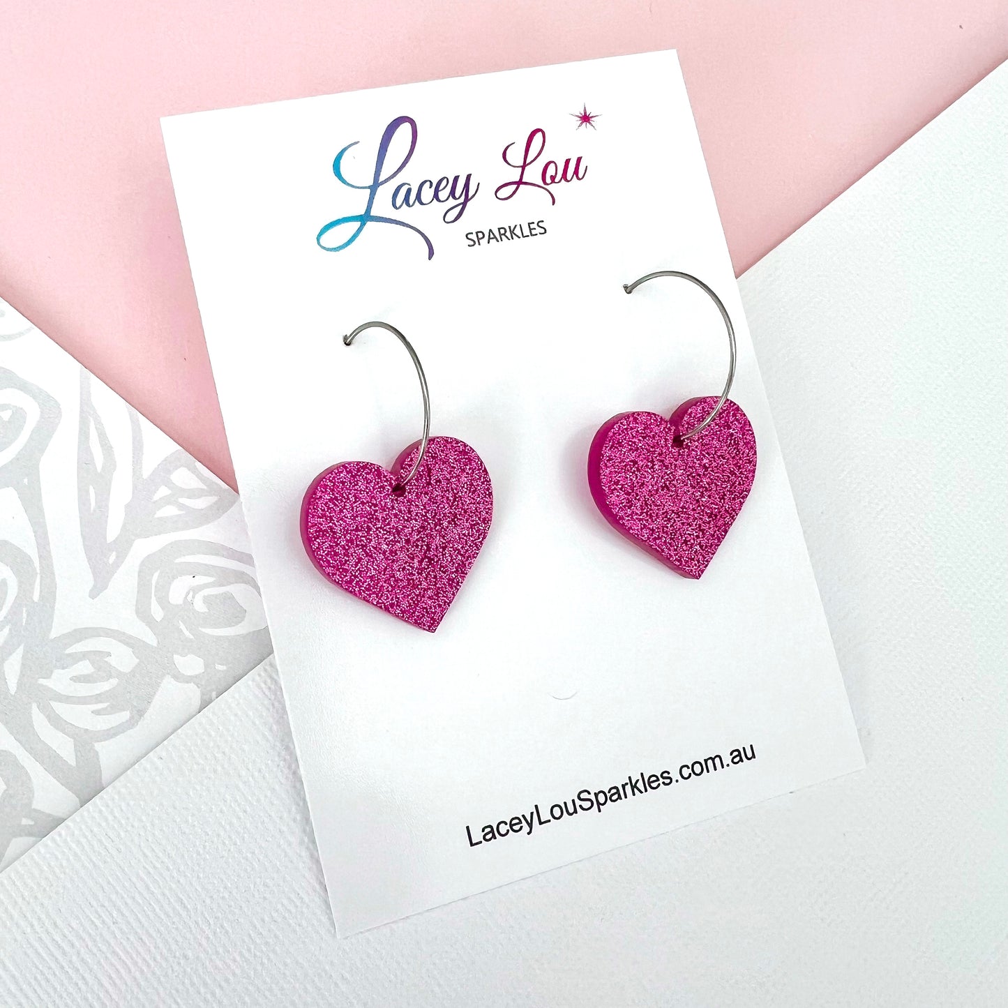 Love Heart Hoop Earrings - Fuchsia (light) Glitter