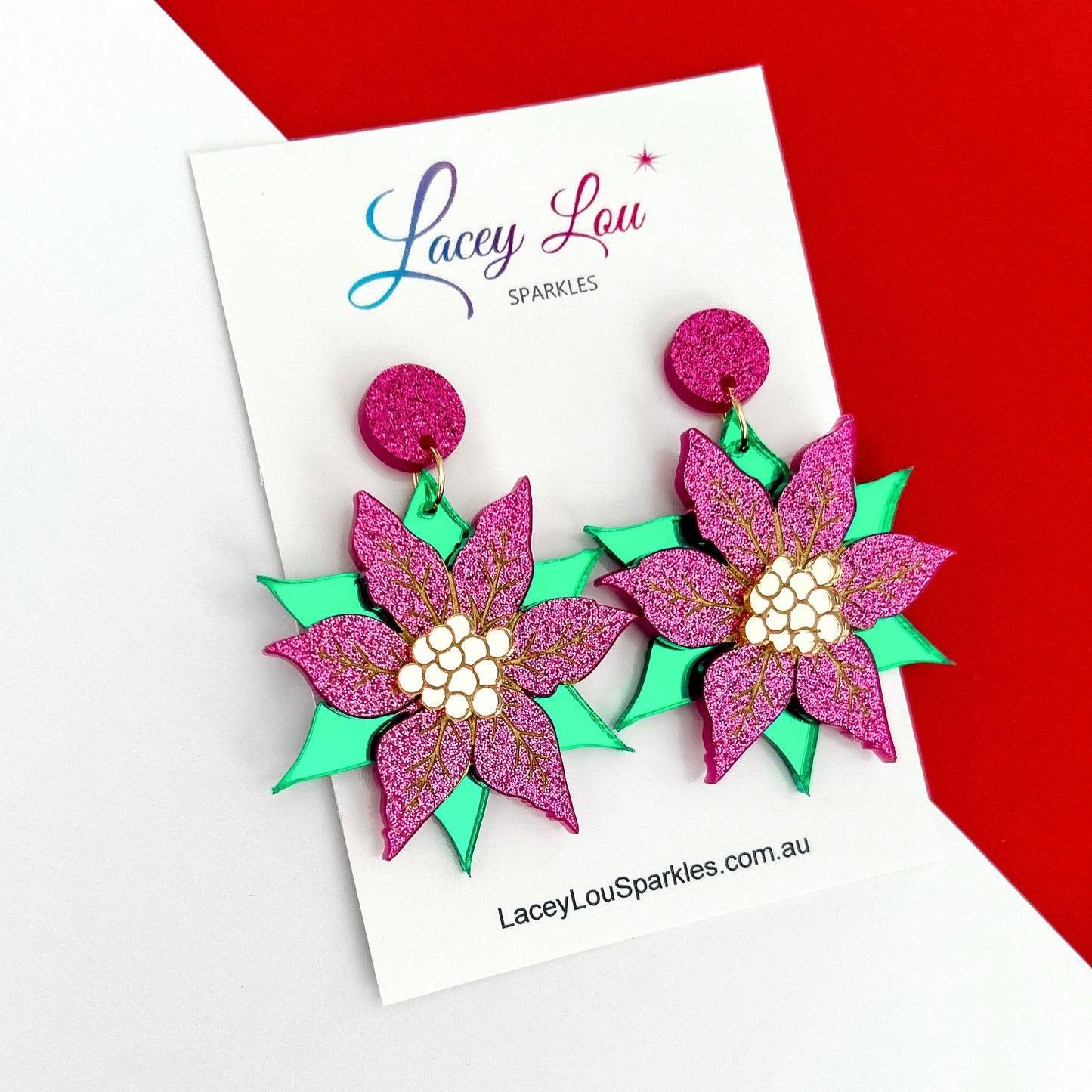 Statement Poinsettia Christmas Dangle Earrings - Pink/Green