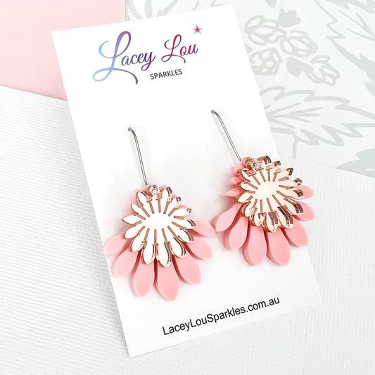 Medium Flower Frill Statement Dangle - Rose gold and pink Acrylic Earrings