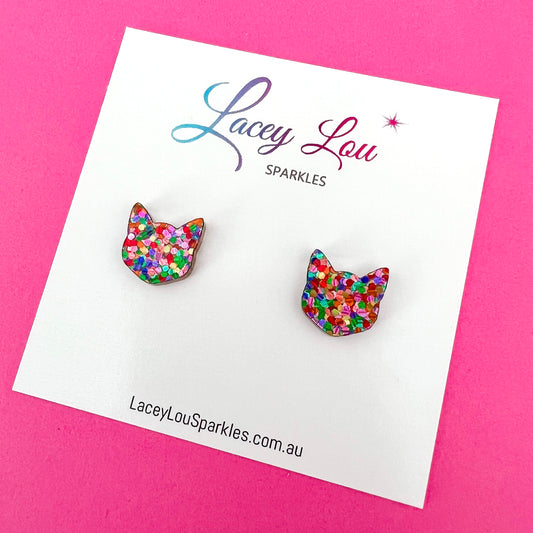 Cat Studs - Strawberry Confetti Glitter Acrylic Cat Earrings
