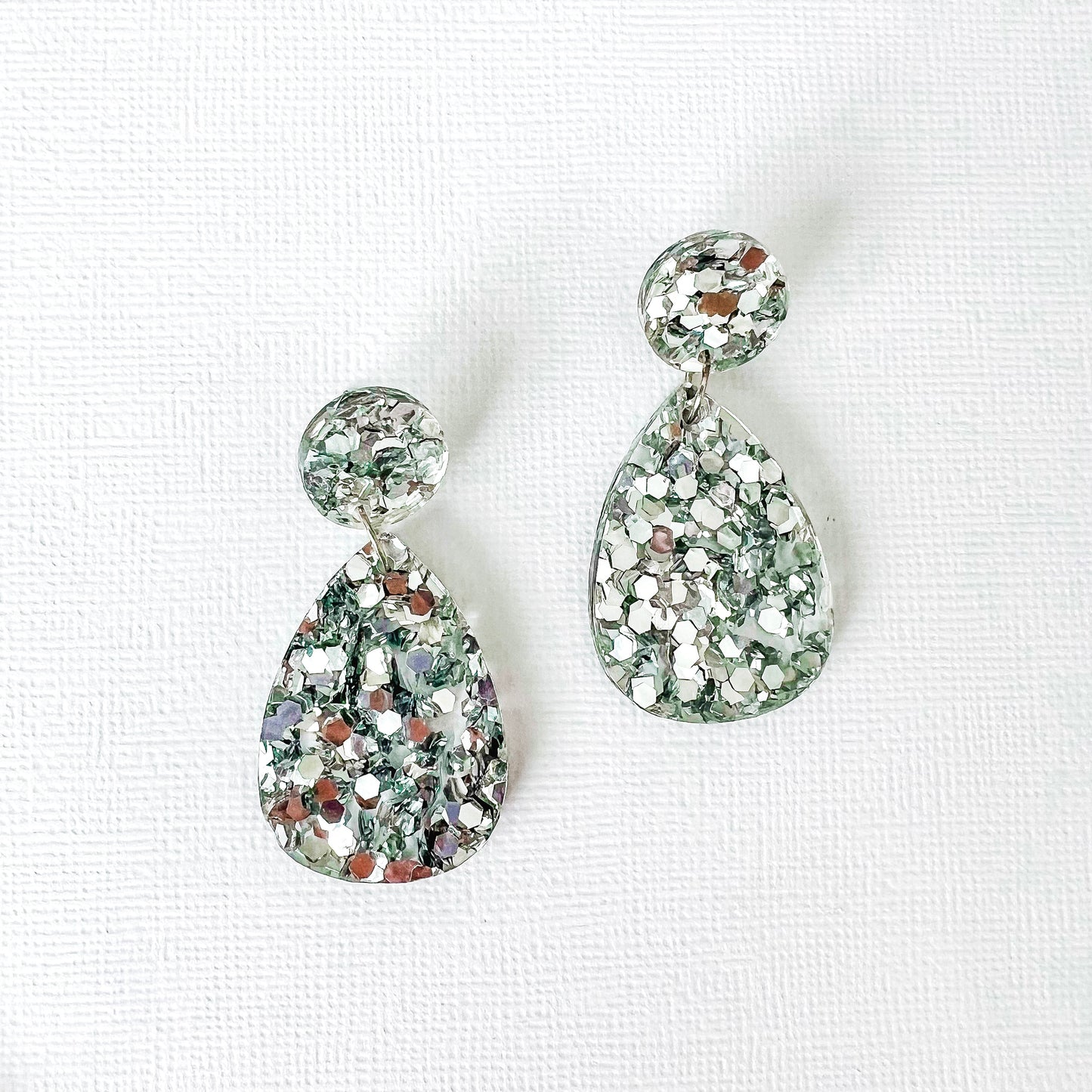 Small Teardrop Dangle - Silver Glitter Acrylic Earrings