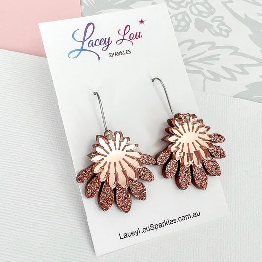 Medium Flower Frill Statement Dangle - Bronze and Rose Gold Acrylic Earrings