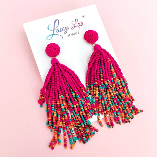 Fuchsia Beaded Tassel Statement Dangle Earrings