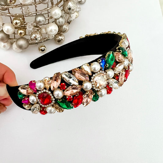 Black and Crystal Flower Jeweled Christmas Statement Headband