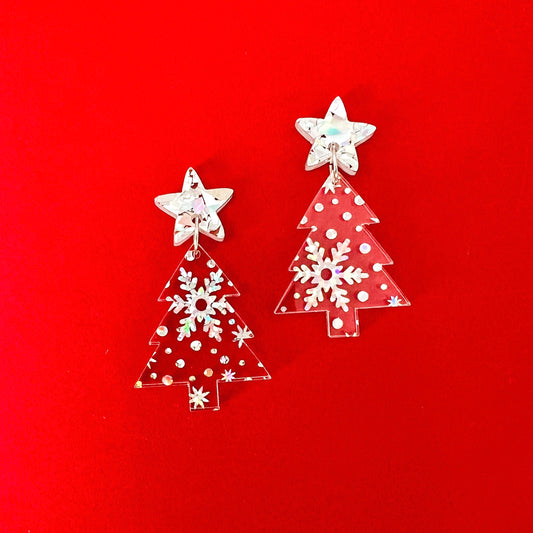 Medium Christmas Tree Dangle Earrings - Clear / Iridescent