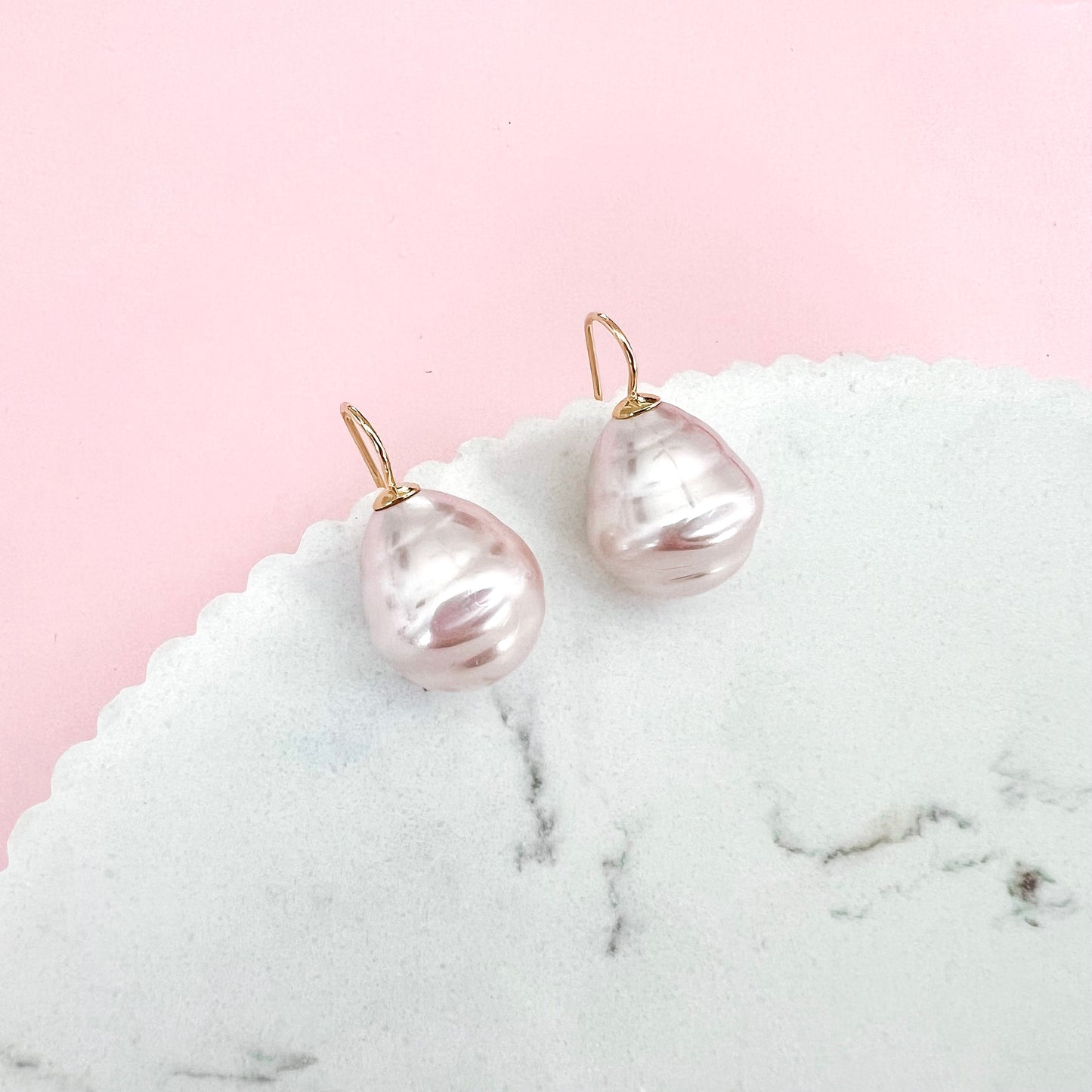 Large Spanish Pearl Earrings - Pale Pink / Gold