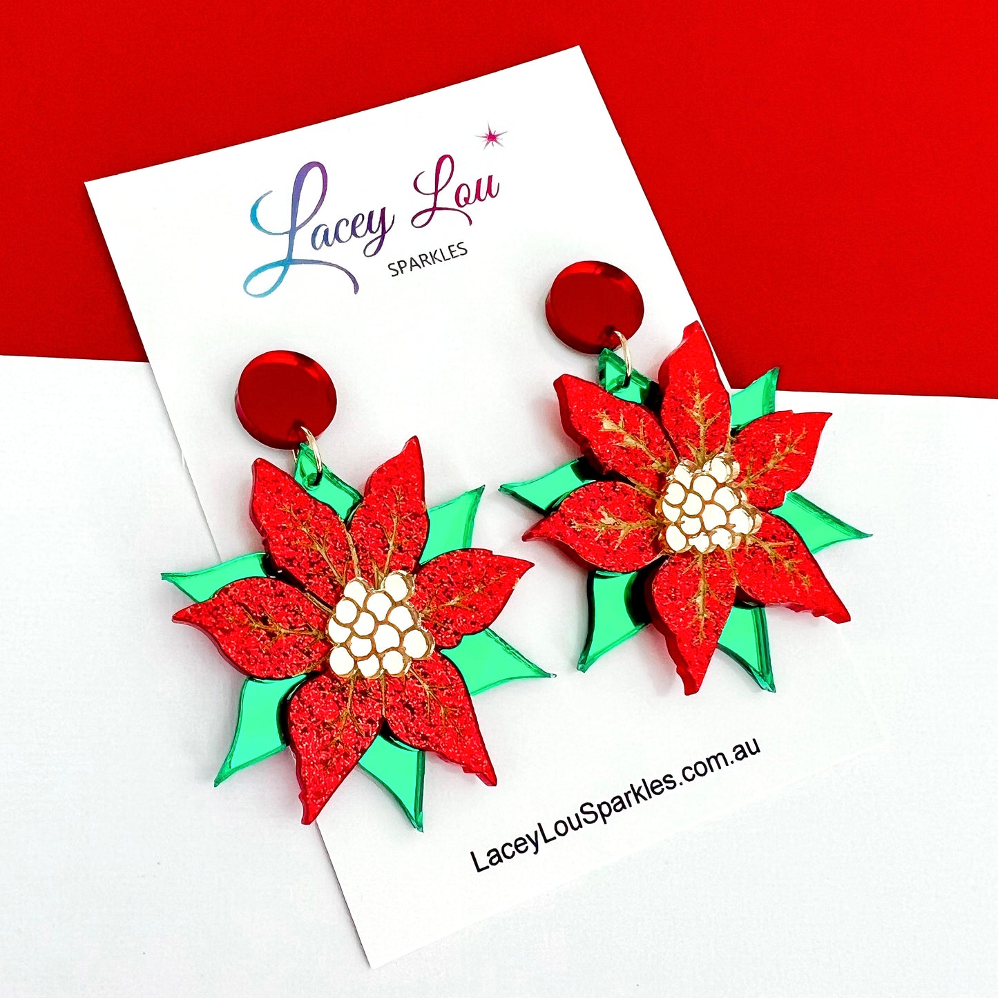 Statement Poinsettia Christmas Dangle Earrings - Red/Green