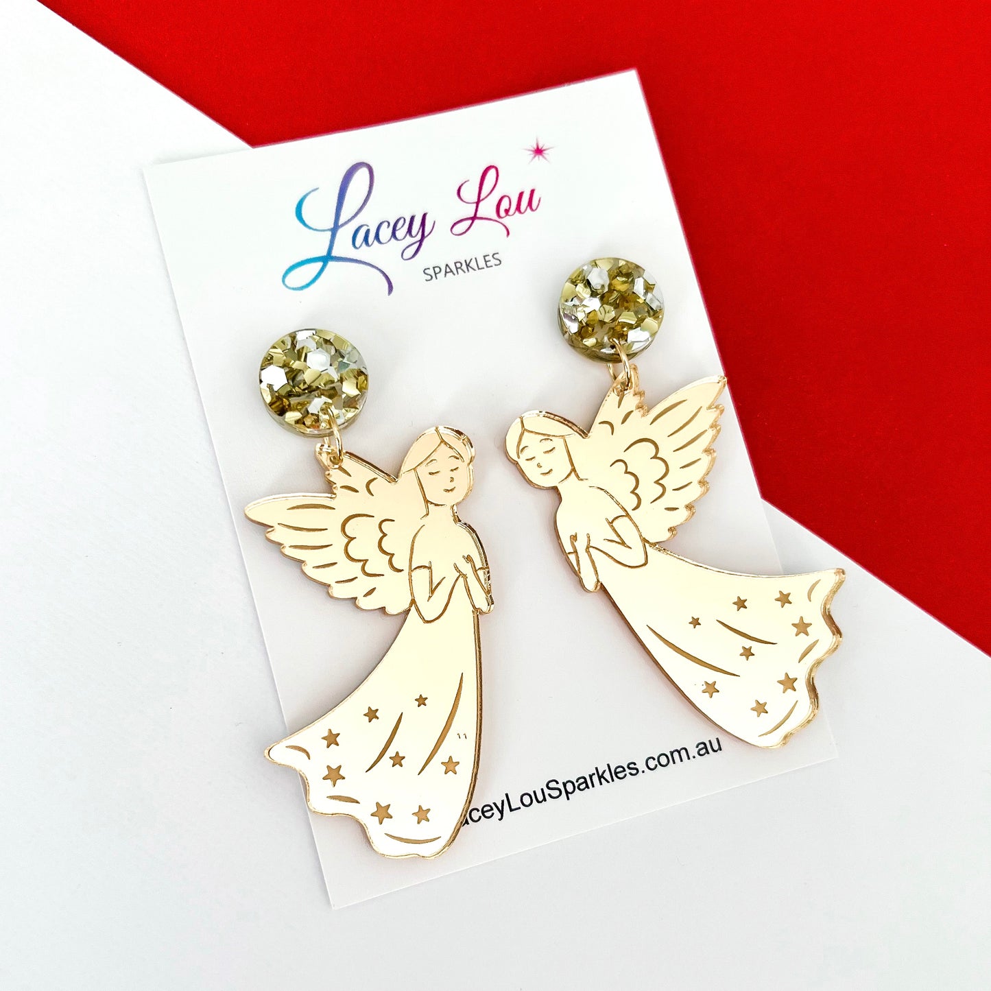 Large Christmas Angel Dangle Earrings - Gold Mirror