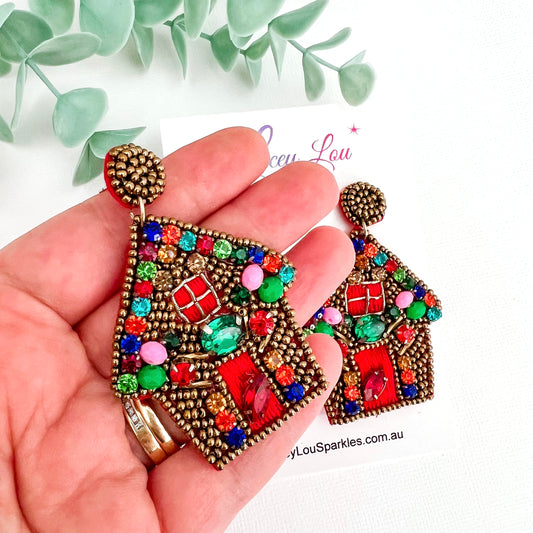 Beaded Gingerbread House Earrings