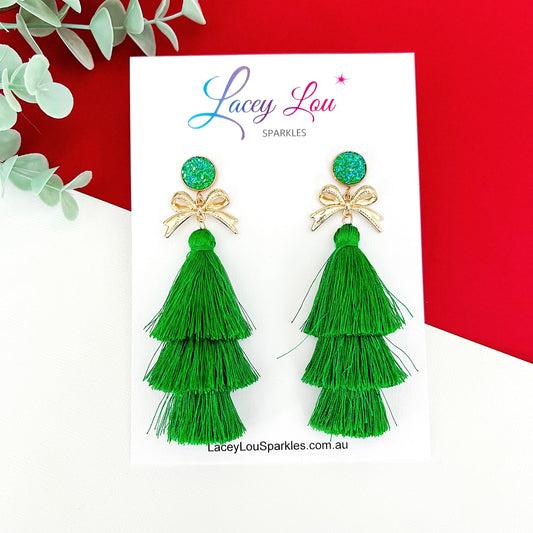 Extra Large Green Christmas Tassel Earrings