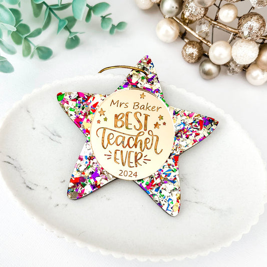 Gold Rainbow Star Personalised Teacher Christmas Bauble **PRE-ORDER**