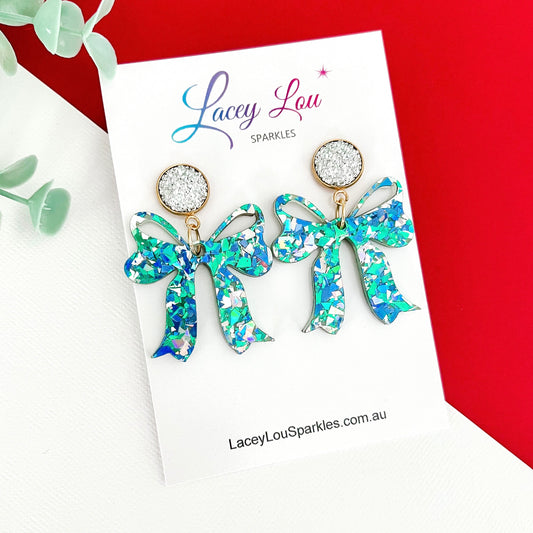 Elegant Ice Blue Bow Christmas Hoop Earrings