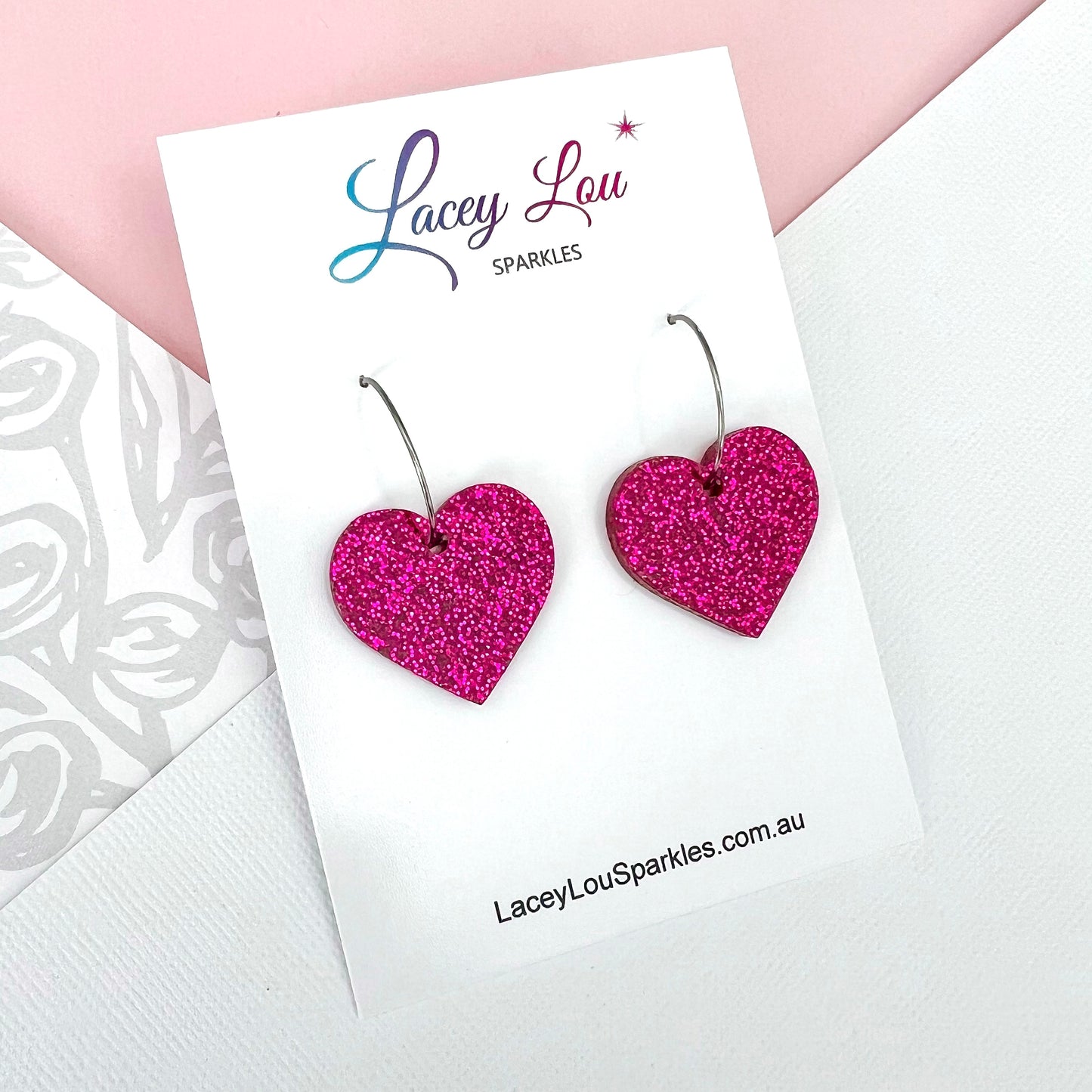 Love Heart Hoop Earrings - Fuchsia (bright) Glitter