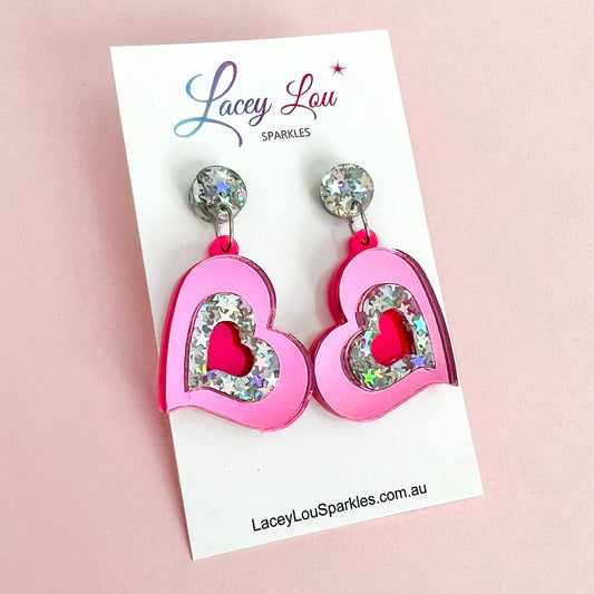 Small Pink Heart Dangles - Fuchsia Glitter Statement Acrylic Earrings