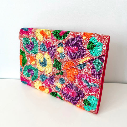 Luxe Multicoloured Leopard Beaded Clutch Bag