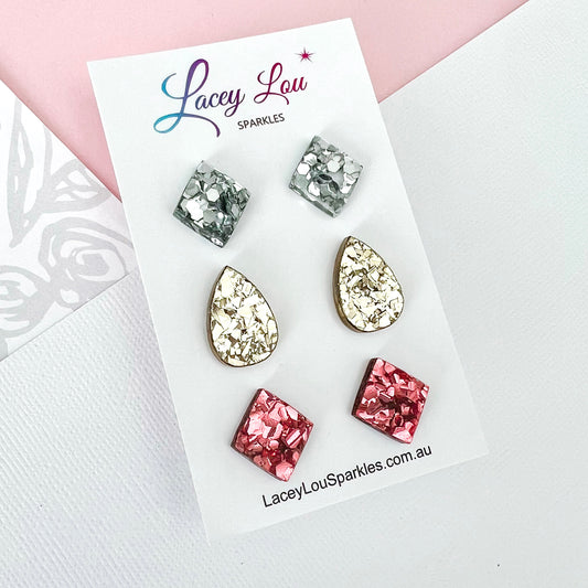 Metallic Glittery Stud Set - Acrylic Earring set