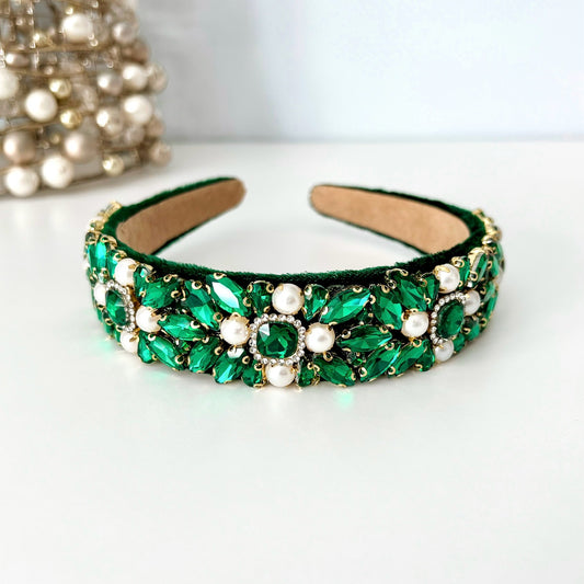 Emerald Green & Pearl Christmas Jeweled Statement Headband *Pre-order*