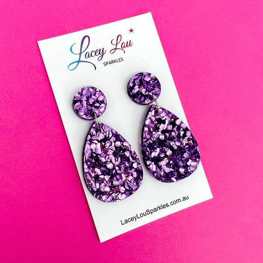 Medium Teardrop Dangle - Purple Glitter Acrylic Earrings