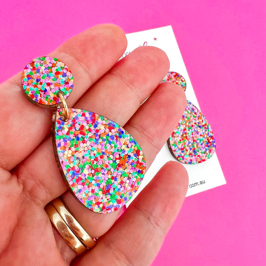 Medium Teardrop Dangle - Strawberry Confetti Glitter Acrylic Earrings